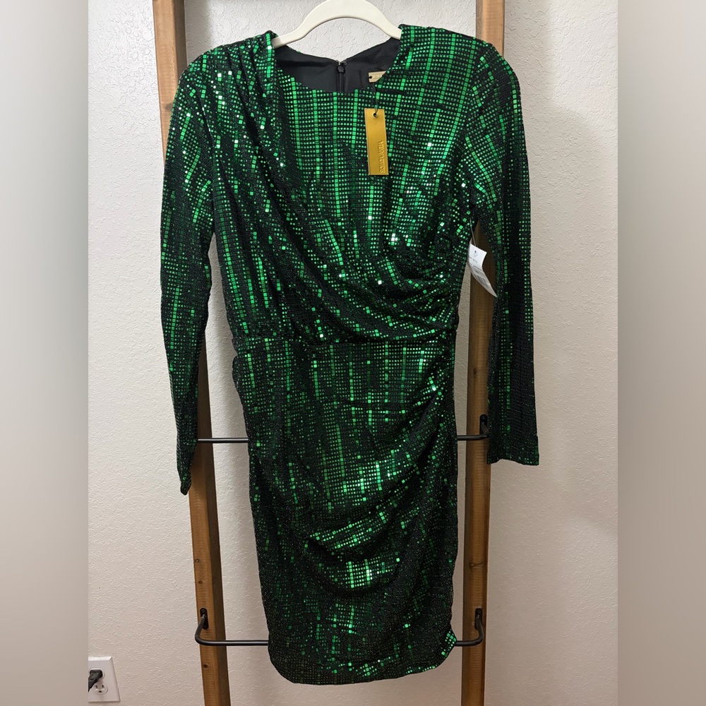 Alexia Admor Lurex Mini Dress in Emerald Green Metallic Sequins Long Sleeve NWT